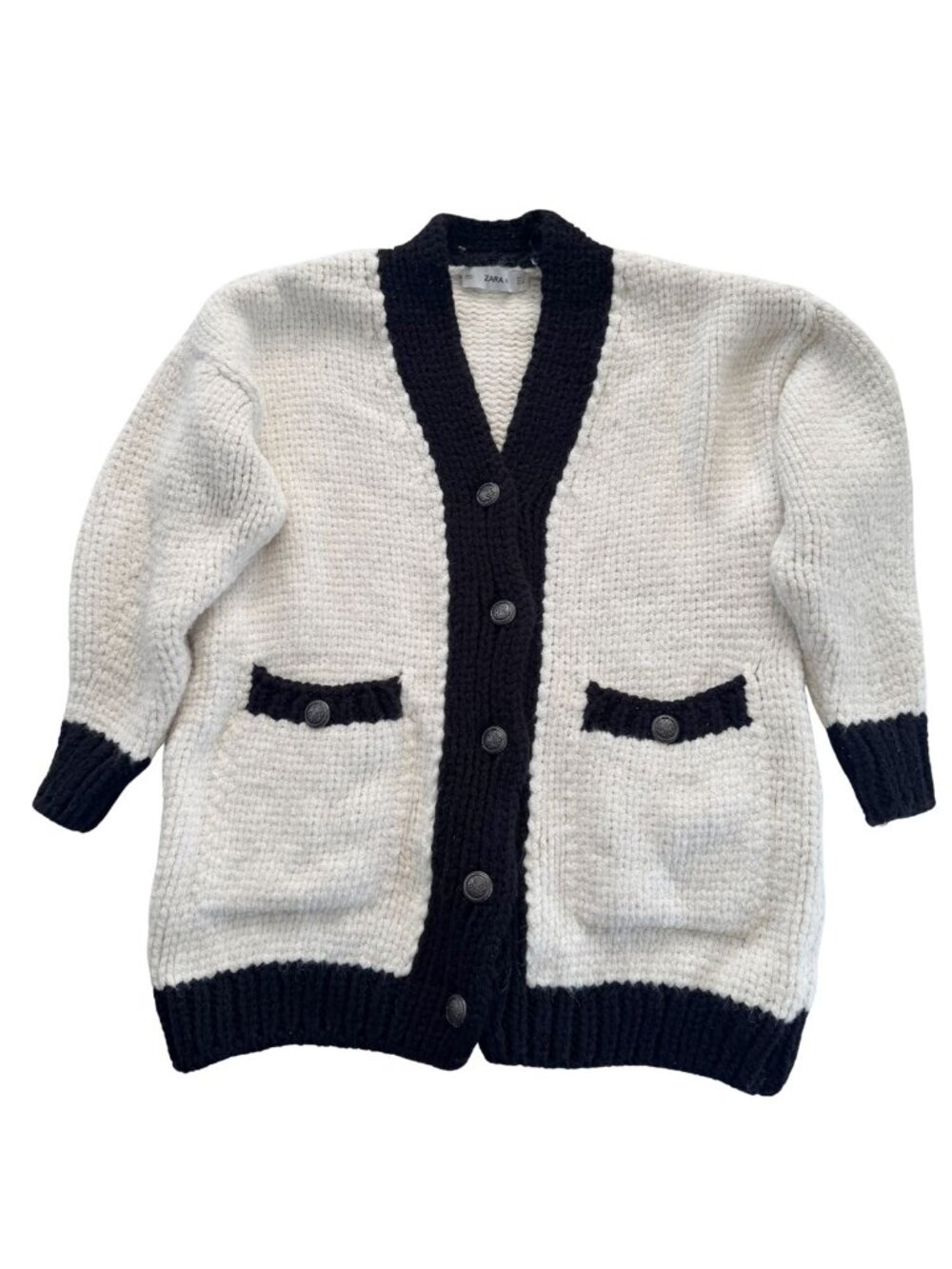 ZARA Chunky Oversized Knit Cardigan White Black Contrast Trim - Picture 3 of 13